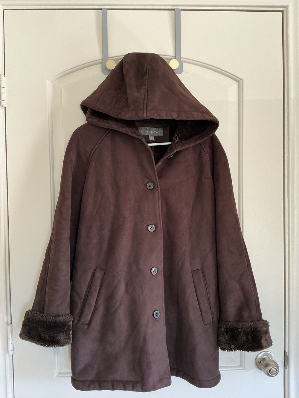 Vintage Liz Claiborne Brown Hooded Faux-Suede Coat with Faux-Fur Trim